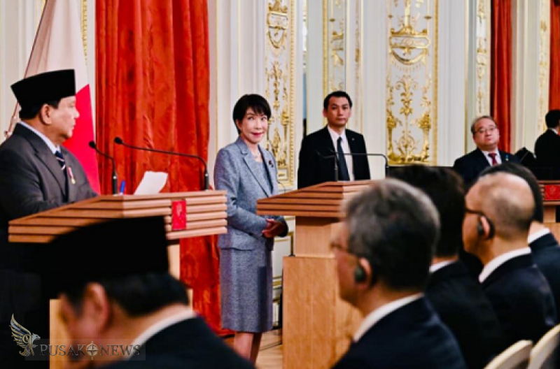 Presiden Republik Indonesia Prabowo Subianto dan Perdana Menteri (PM) Jepang Sanae Takaichi melakukan pernyataan pers bersama usai pertemuan bilateral yang digelar di Istana Akasaka, Tokyo, pada Selasa, 31 Maret 2026. ©PusakoNews.com/BPMI Setpres