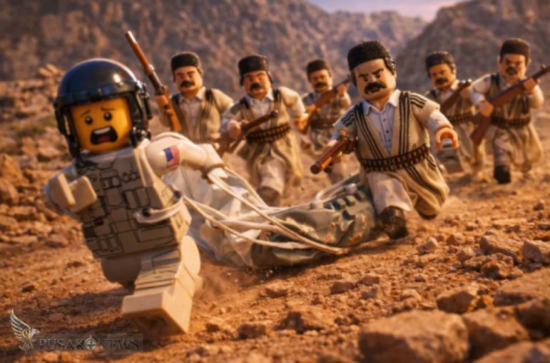 Cuplikan layar dari salah satu video Lego, yang menggambarkan warga Iran mengejar seorang pilot Amerika setelah mereka menembak jatuh pesawatnya.