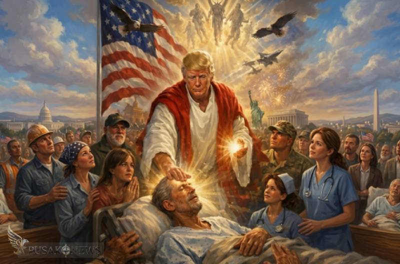 Trump Unggah Foto Mirip Yesus di akun sosial media Truth Picu Kemarahan.
©PusakoNews.com/red+GeminiAI