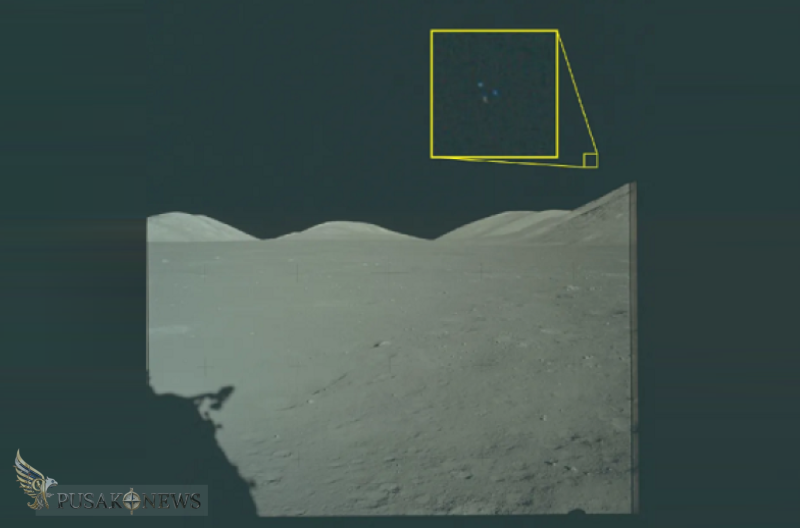Gambar ini, yang diidentifikasi sebagai "NASA-UAP-VM6, Apollo 17, 1972," menunjukkan "citra arsip dari misi Apollo 17 ke Bulan. Kotak kuning berisi area yang diperbesar dari foto asli di mana tiga lampu terlihat di atas permukaan bulan," menurut Departeme