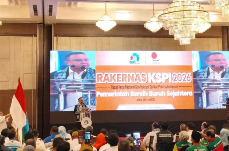 Wakil Ketua DPR RI, Sufmi Dasco Ahmad Menghadiri Rapat Kerja Nasional (Rakernas) Konfederasi Serikat Pekerja Indonesia (KSPI) 2026 di Jakarta, Selasa (23/6/2026).