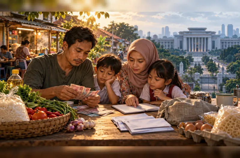 Ilustrasi AI — Keluarga Indonesia mengatur pengeluaran untuk memenuhi kebutuhan pangan, pendidikan, dan tagihan rumah tangga.