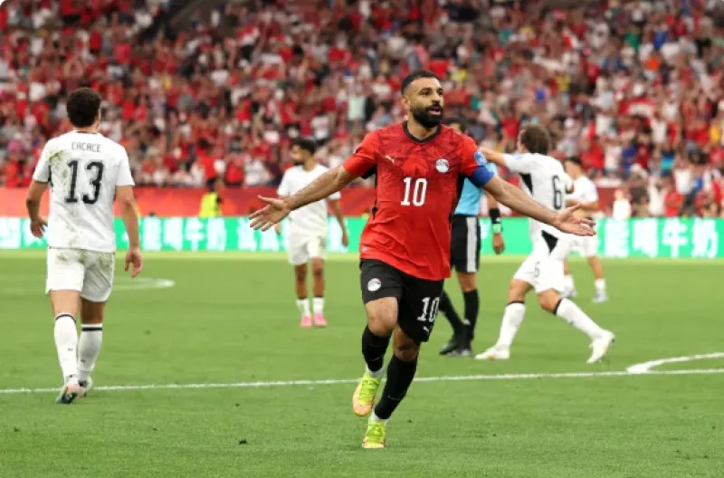 Selebrasi Mohamed Salah usai membobol gawang Selandia Baru dan merubah skor menjadi 2-1 Untuk Mesir
