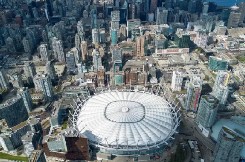 Pemandangan udara atap yang dapat dibuka tutup Stadion BC Place menjelang Piala Dunia FIFA 2026 pada 21 Maret 2026 di Vancouver, Kanada.