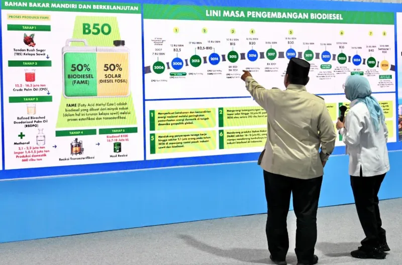 Presiden Prabowo Subianto menyampaikan sambutan pada Peluncuran Biodiesel B50 di Rest Area KM 57, Kabupaten Karawang, Provinsi Jawa Barat, pada Kamis, 9 Juli 2026