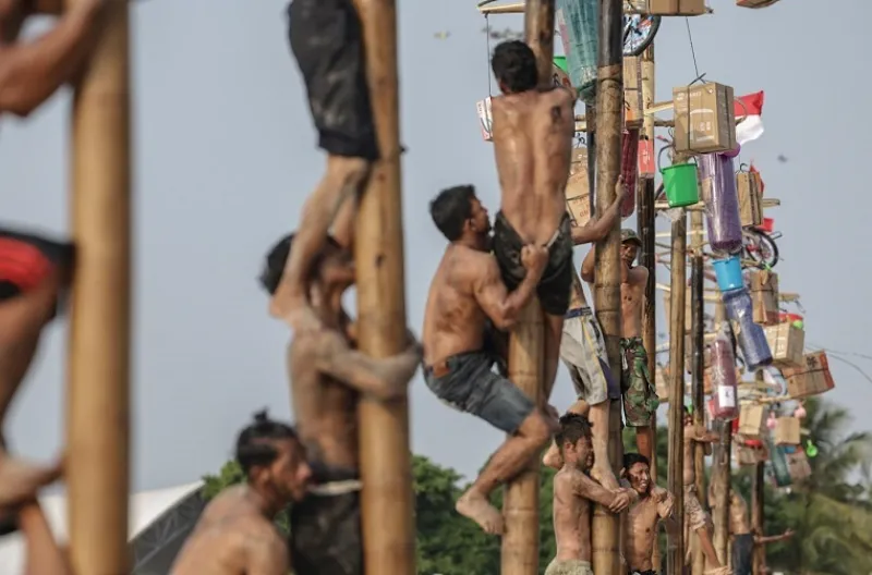 300 peserta mengikuti lomba panjat pinang massal di Kemerdekaan RI di Beach Pool, Ancol