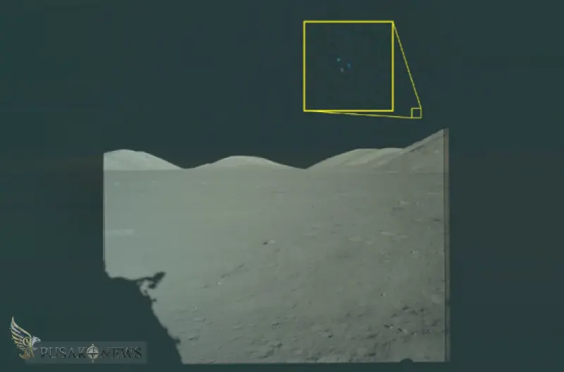 Gambar ini, yang diidentifikasi sebagai "NASA-UAP-VM6, Apollo 17, 1972," menunjukkan "citra arsip dari misi Apollo 17 ke Bulan. Kotak kuning berisi area yang diperbesar dari foto asli di mana tiga lampu terlihat di atas permukaan bulan," menurut Departeme