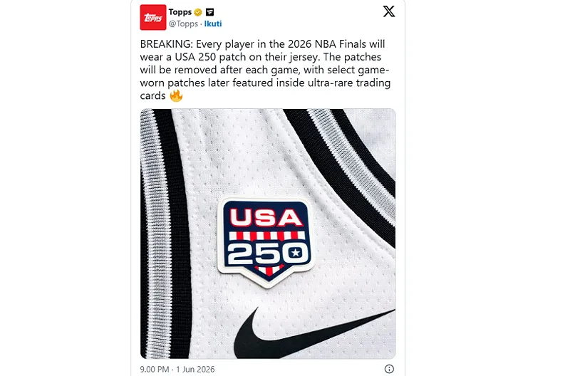 BREAKING: Every player in the 2026 NBA Finals will wear a USA 250 patch on their jersey. The patches will be removed after each game, with select game-worn patches later featured inside ultra-rare trading cards 🔥