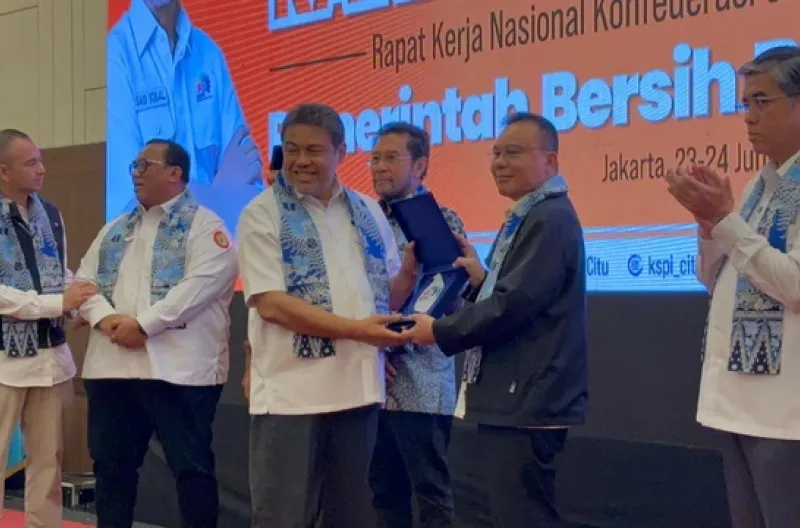 Rapat Kerja Nasional (Rakernas) Konfederasi Serikat Pekerja Indonesia (KSPI) 2026 di Jakarta, Selasa (23/6/2026).