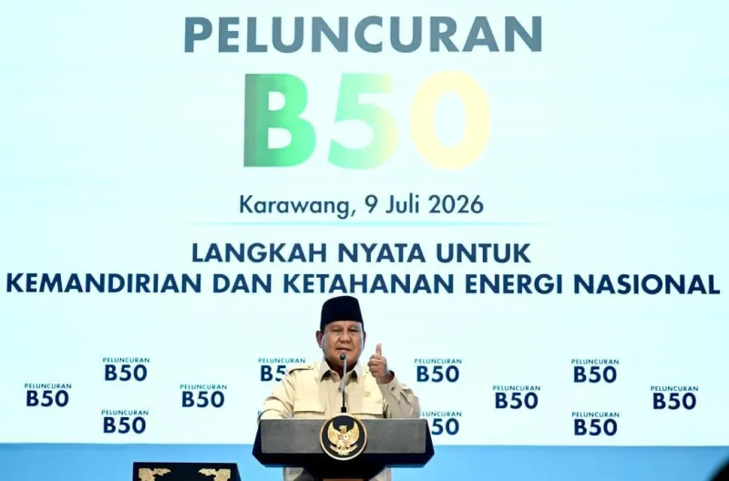 Presiden Prabowo Subianto secara resmi meluncurkan Biodiesel B50 bertajuk "Langkah Nyata untuk Kemandirian dan Ketahanan Energi Nasional" di Rest Area KM 57, Kabupaten Karawang, Provinsi Jawa Barat, pada Kamis, 9 Juli 2026.