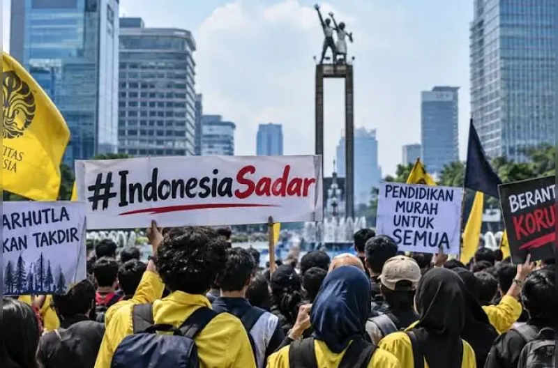 Aliansi mahasiswa dan masyarakat sipil yang tergabung dalam Komite SADAR menggelar demonstrasi bertajuk #IndonesiaSadar di kawasan Bundaran HI, Jakarta, Rabu (28/10/2026), untuk mengevaluasi dua tahun pemerintahan Prabowo-Gibran.