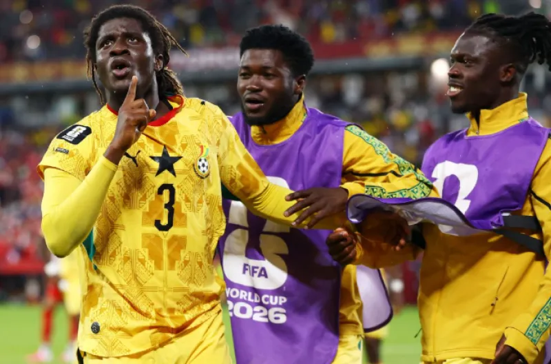 Caleb Yirenkyi merayakan setelah mencetak gol kemenangan Ghana di menit-menit akhir melawan Panama.