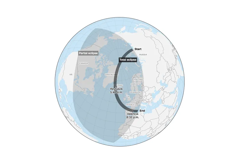 Waktu untuk Reykjavík dan Valencia menunjukkan saat fase totalitas dimulai, dalam waktu setempat.