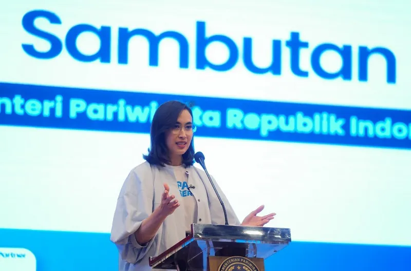 Menteri Pariwisata Widiyanti Putri Wardhana saat sambutan pada acara “Press Conference & Launching Geopark Run Series” di Jakarta, Jumat (22/5/2026).
