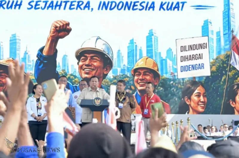 Presiden Prabowo Subianto menegaskan komitmen pemerintah dalam meningkatkan kesejahteraan pengemudi transportasi online (ojol) saat menghadiri Peringatan Hari Buruh Internasional di kawasan Lapangan Silang Monumen Nasional (Monas), Jakarta, Jumat, 1 Mei 2