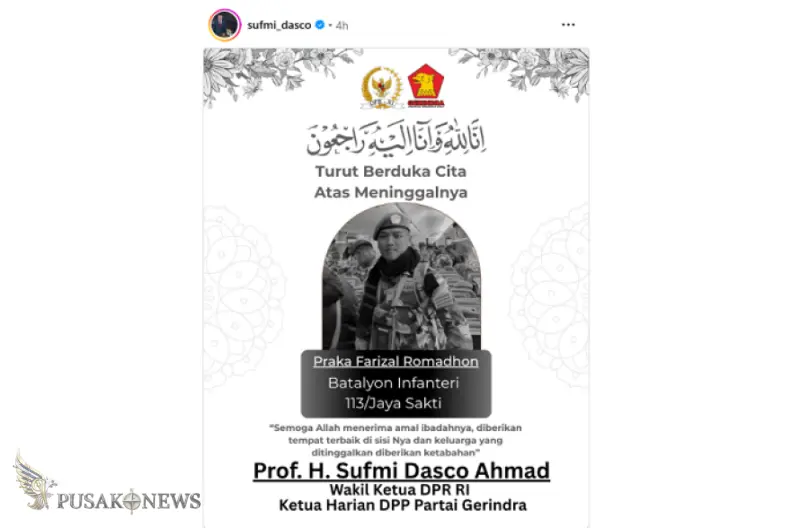 Prajurit TNI Gugur di Zona Konflik, Dasco: Pengorbanan Tak Akan Dilupakan
Instagram @sufmi_dasco
