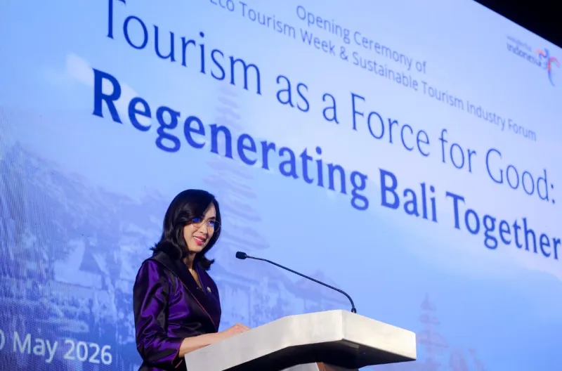 Menteri Pariwisata Widiyanti Putri Wardhana saat sambutan pada pembukaan Eco Tourism Week – Wonderful Indonesia Sustainable Tourism Industry Forum (WI-STIF) 2026 di The Meru, Bali, Sabtu (30/5).